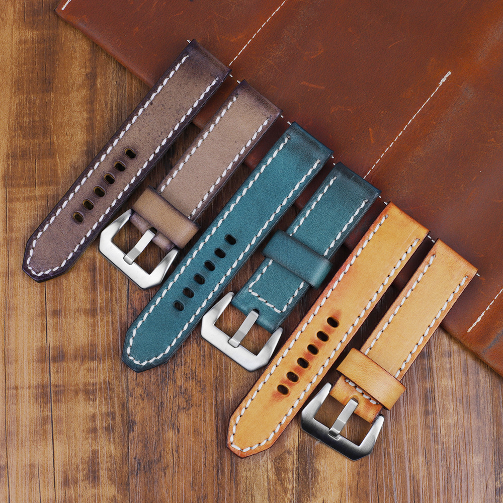Handcrafted Distressed Oil Leather Strap Accessories 18 22 24mm Earth Yellow Top Layer Genuine Leather Watch Strap