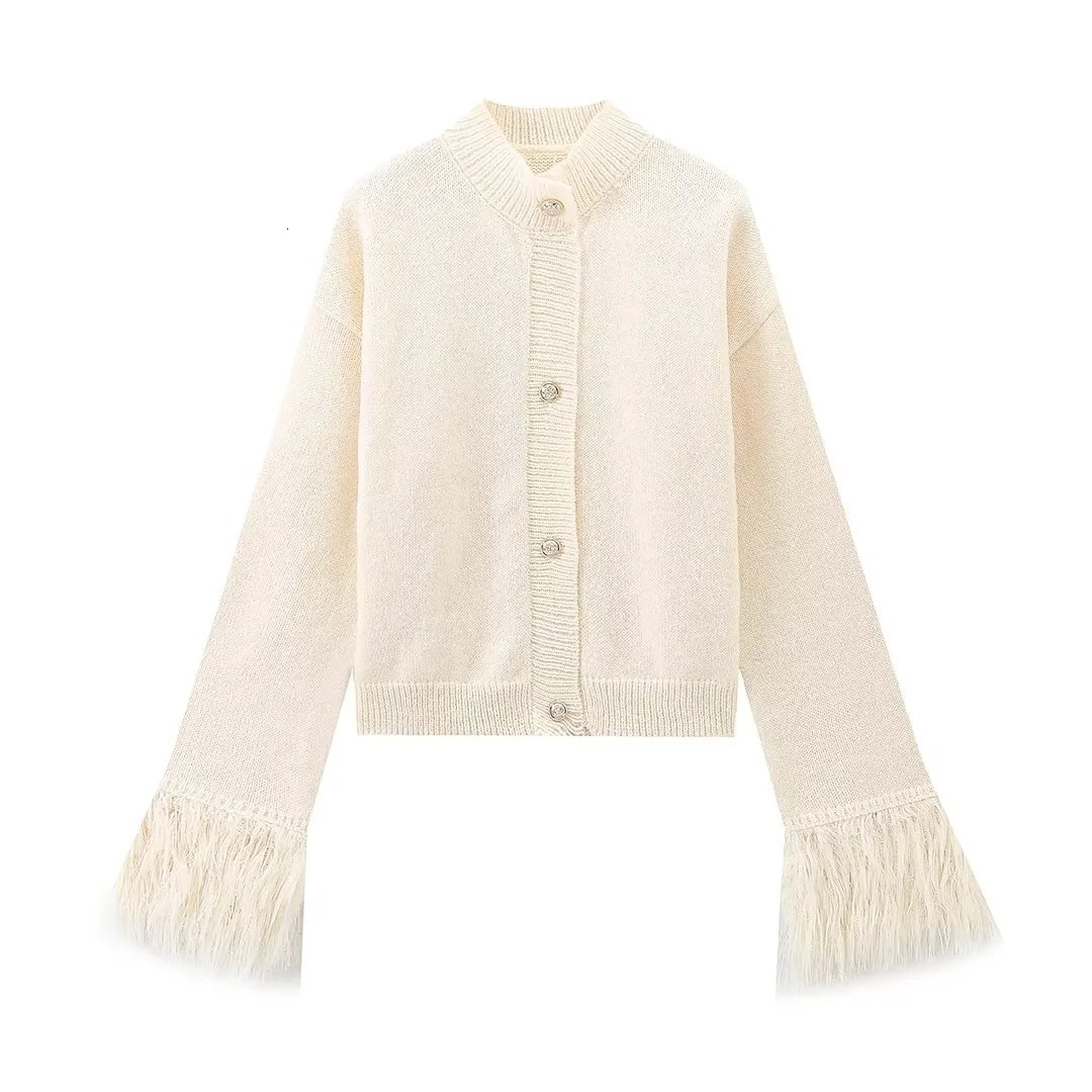 Feather Patchwork Knitted Cardigan Women Chic Oneck Long Sleeve Singlebreasted Short Sweater 2025 Lady High Street Knitwear 250919