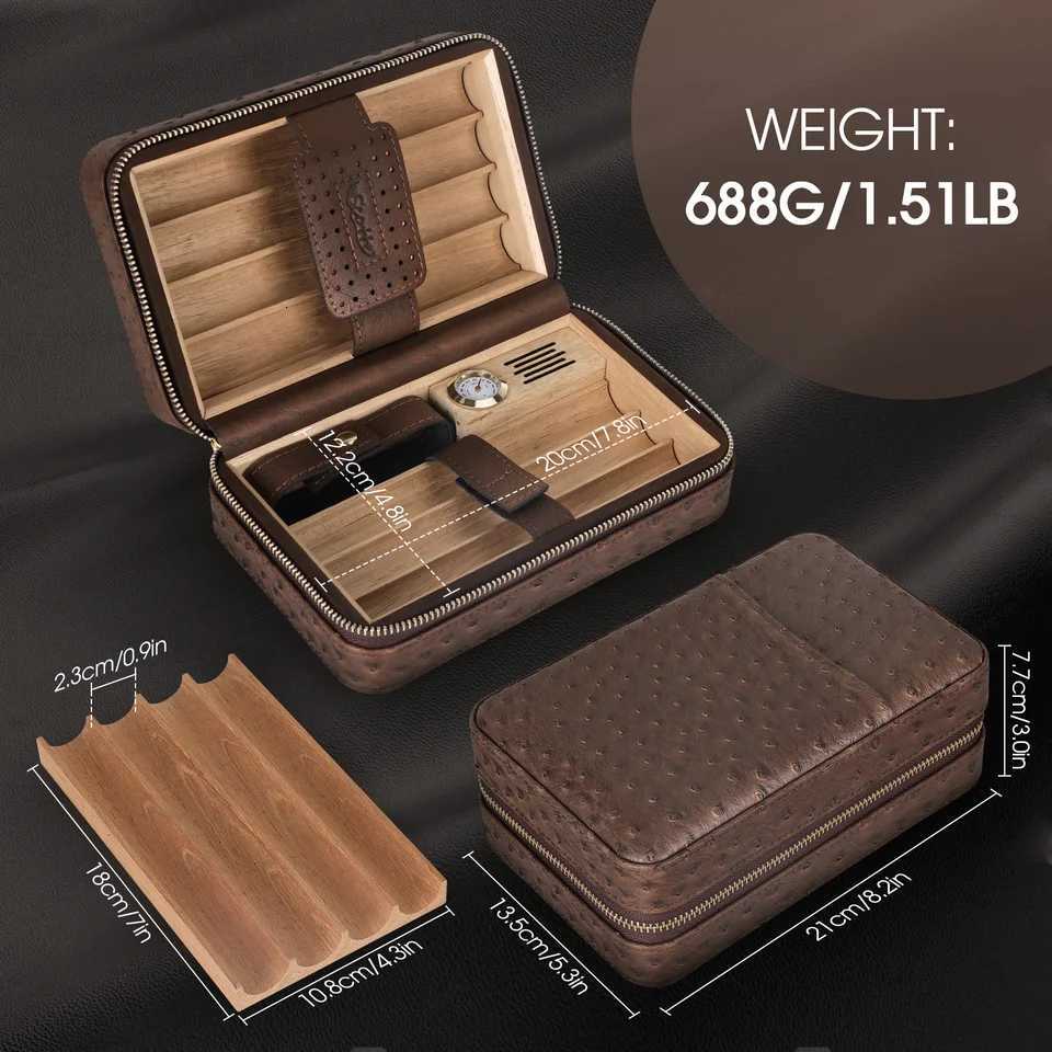 Portable Travel Cigar HumidorCedar Wood Lined Leather Case Built in Hygrometer HumidifierCigar Lighter with Holder Punch Y251008