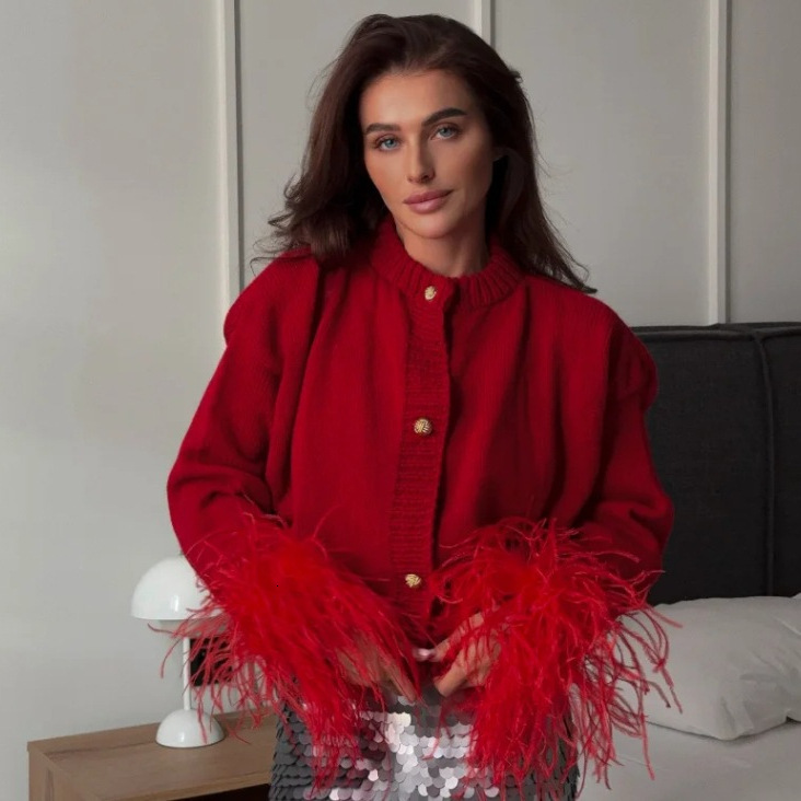 Feather Patchwork Knitted Cardigan Women Chic Oneck Long Sleeve Singlebreasted Short Sweater 2025 Lady High Street Knitwear 250919