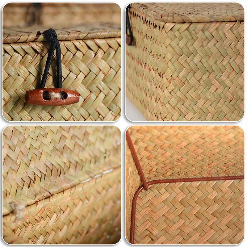 Storage Shelf Basket with Lid Rectangular Handmade Seagrass Rattan Woven Makeup Organizer Multipurpose Container Natural Box for C251008