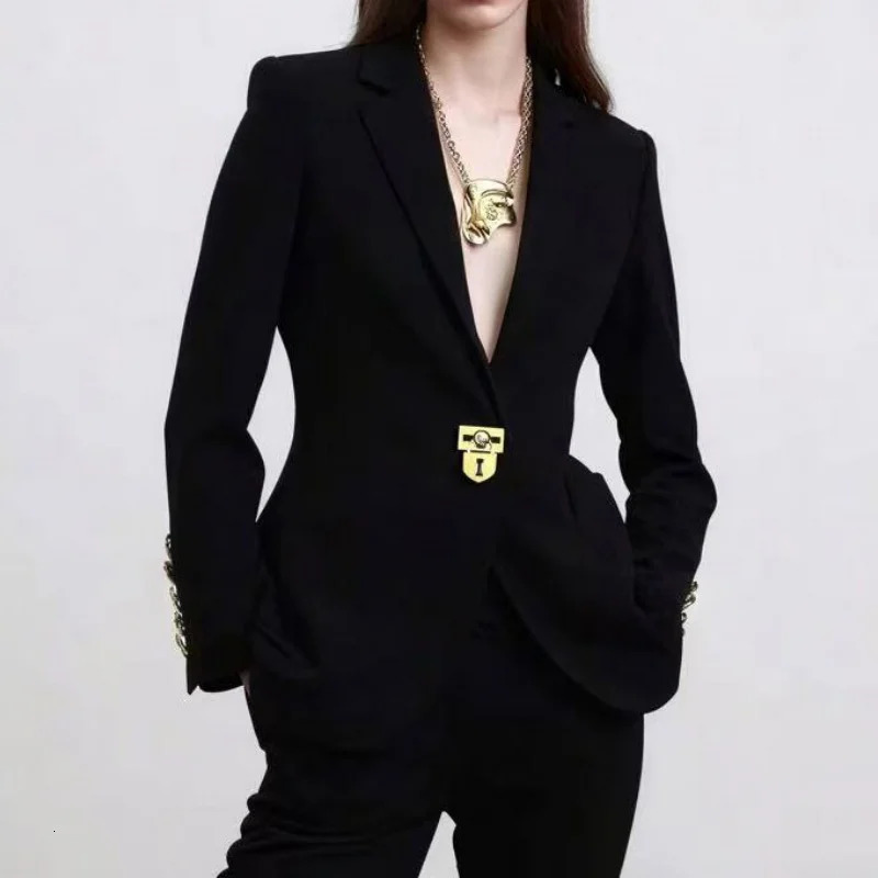 Fall Womens Notch Collar Padded Shoulder One Button Commute Y2K High Quality Fashion Simple Lock Blazer Jacket 2501008