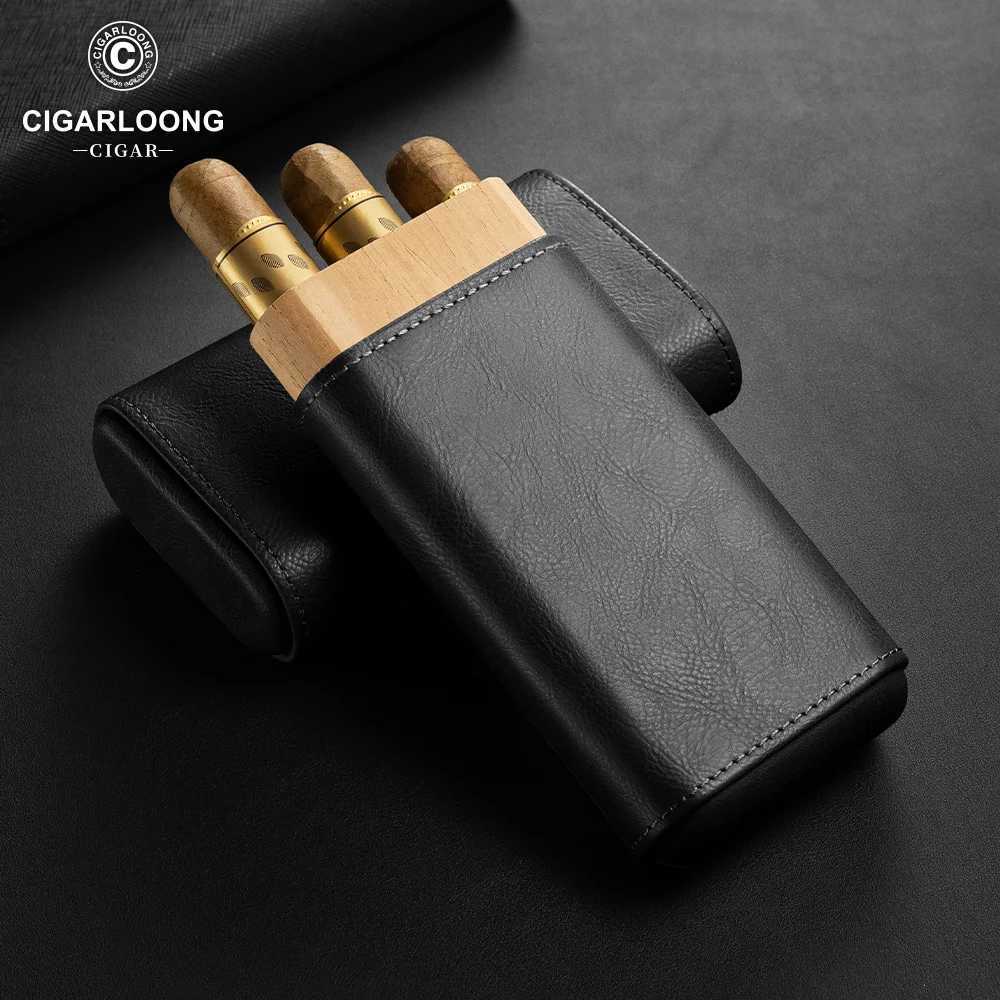 Leather Cigar Case Cedar Wood Lined Portable Cigar Box Holder with Stainless Steel Cigar Cutter Gift Box for 23 Cigars CH24FT1 Y251008