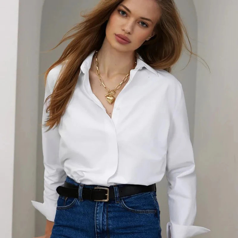 Elegant Turn Down Collar White Shirt Women 2025 Long Sleeve Solid Formal Office Blouse Woman Fashion Conceal Button Up Shirts 250922