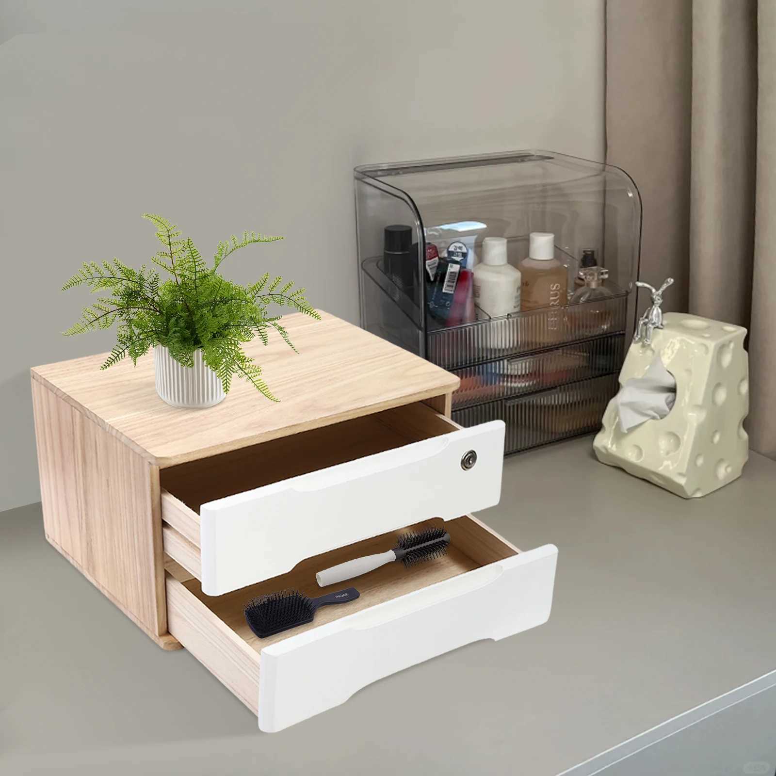 Solid Tung Wood Desktop Organizer with 2 Lockable Drawers 2 Keys Modern Rectangular Storage Box for Office Bedroom Dresser C251008