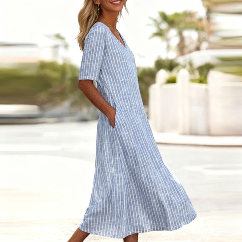 Women's Blue White Stripe V-Neck Short Sleeve Dress Milk Silk A-Line Midi Dress Vacation Style with Steel Accent-CF53887
