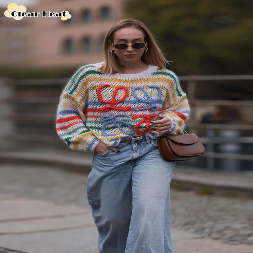 Autumn Fashion Multicolour Pullover Women Chic Round Neck Kintted Hollow Out Sweater Female Harajuku Aesthetics Jumper 240730wtt