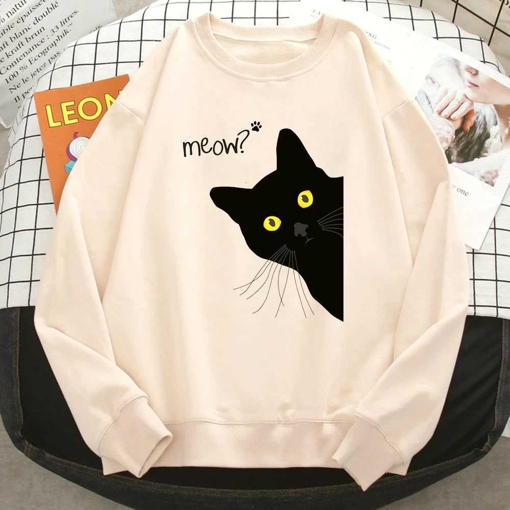 Winter Fall Harajuku Woman Sweatshirt Meow Black Cat Printing Hoodies Comfortable Pullover Crewneck Casual Female ClothesT251105