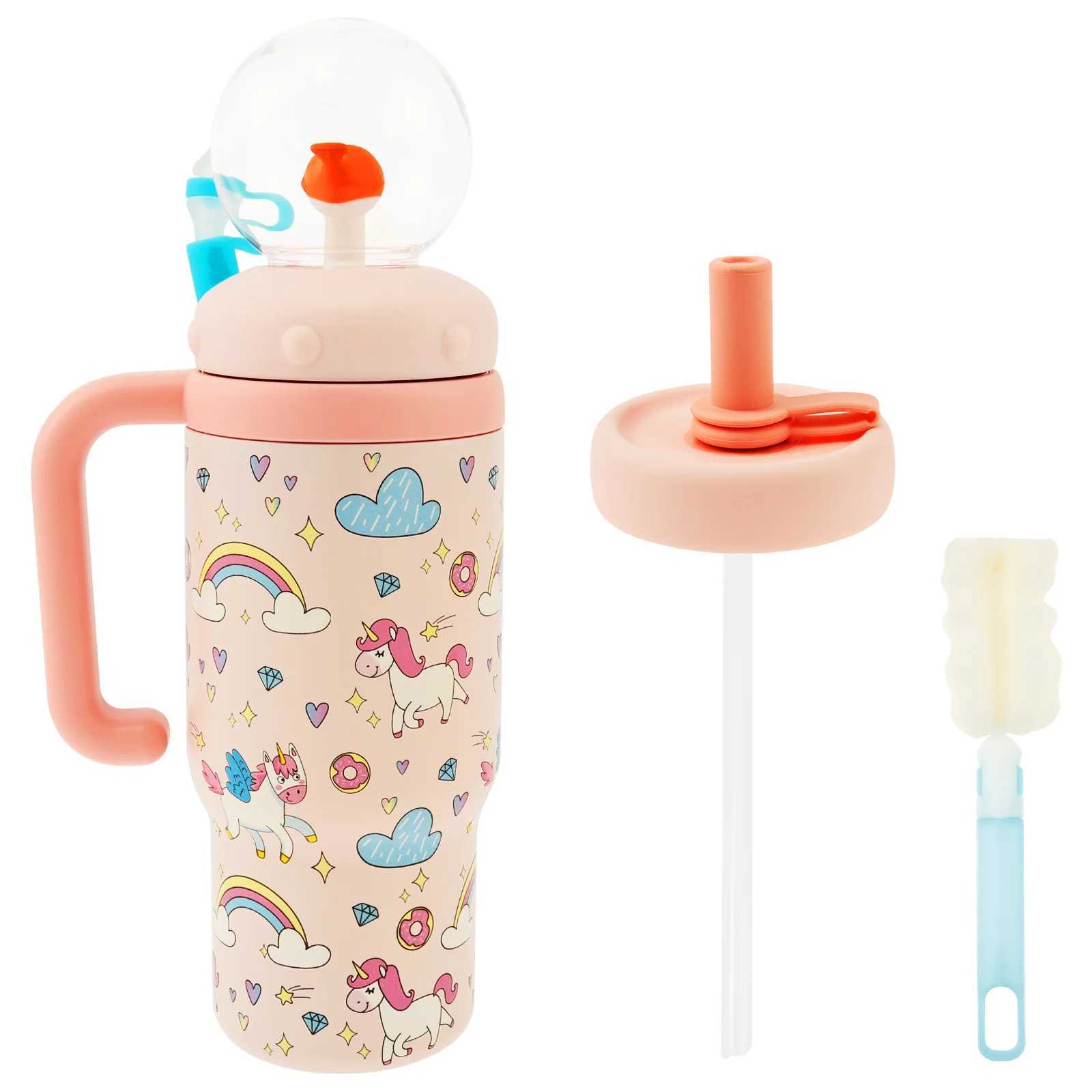 710ml Thermal Insulation Mug with Handle and Straw Large Capacity Tumbler Stainless Steel Water Bottle Whale Fountain Cup Mugs C251008