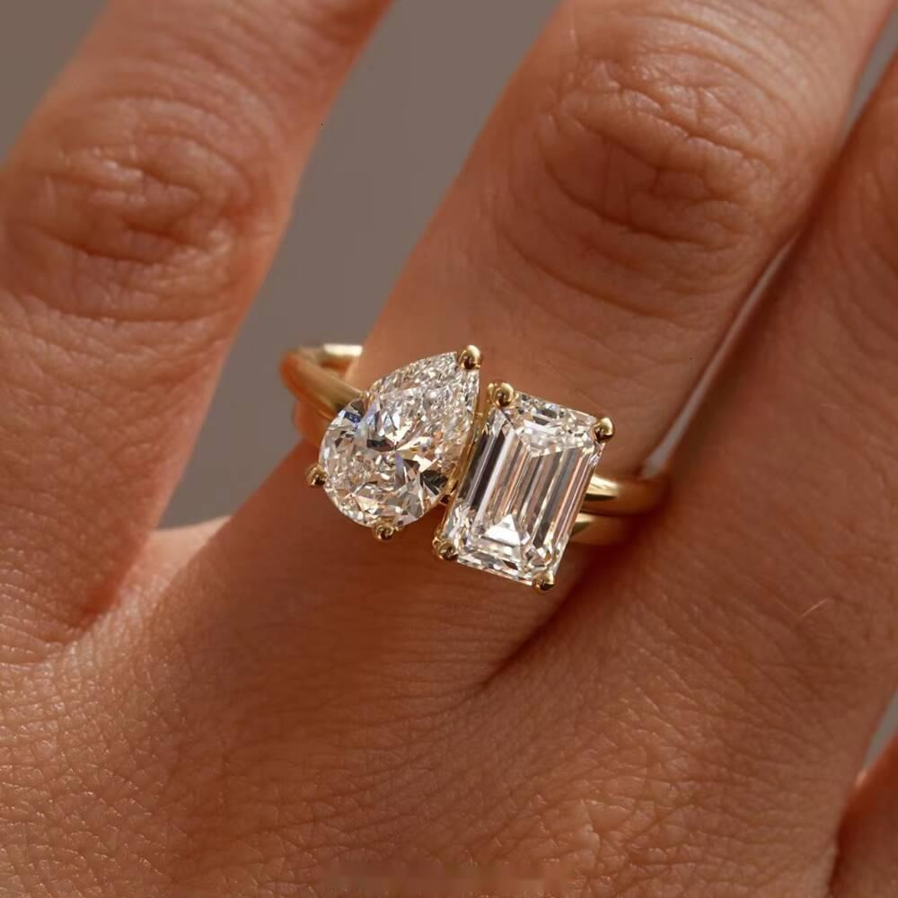 Custom MOI ET TOI Style 2CT Pear Octagon Moissanite 18K Gold Yellow Wedding Engagement Ring Fine Jewelry Women Fine Rings