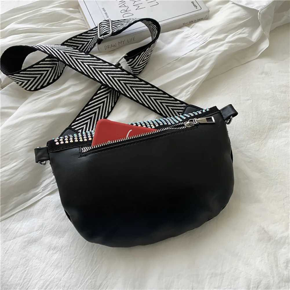 Rhinestone Shoulder Bag Fashion Female Sling Waist Pack Casual Adjustable Strap Simple Portable Black Chest Bag for VacationT251007