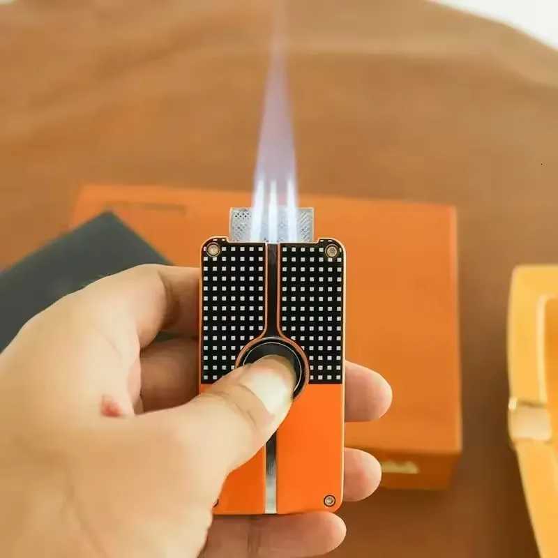 New Cigar Lighter Metal Windproof Triple Flame Jet Butane Lighter with Cigar Knife Cigar Accessories Mens Gift Y251008