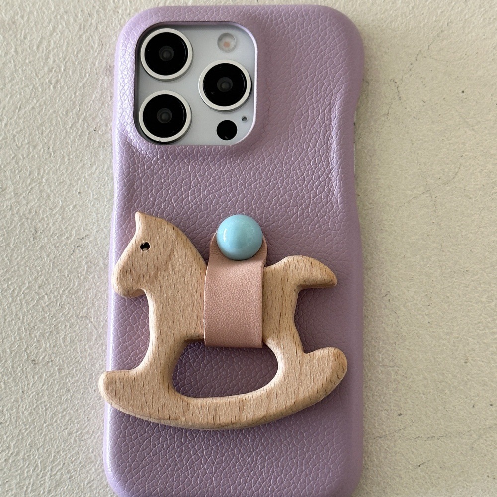 Work for iPhone 16 Pro Max Cover Protective Anti Slip Dopamine Cortex Wooden Horse Stand Phone Case Grip Cute Design Leather Touch Shockproof Case for