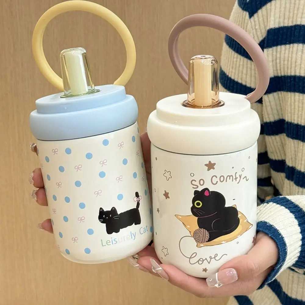 Durable 600ML Thermos Cup Cartoon Cat 316 Stainless Steel Thermal Water Bottle Lid Straw Gift Children Vacuum Cup for Student C251008
