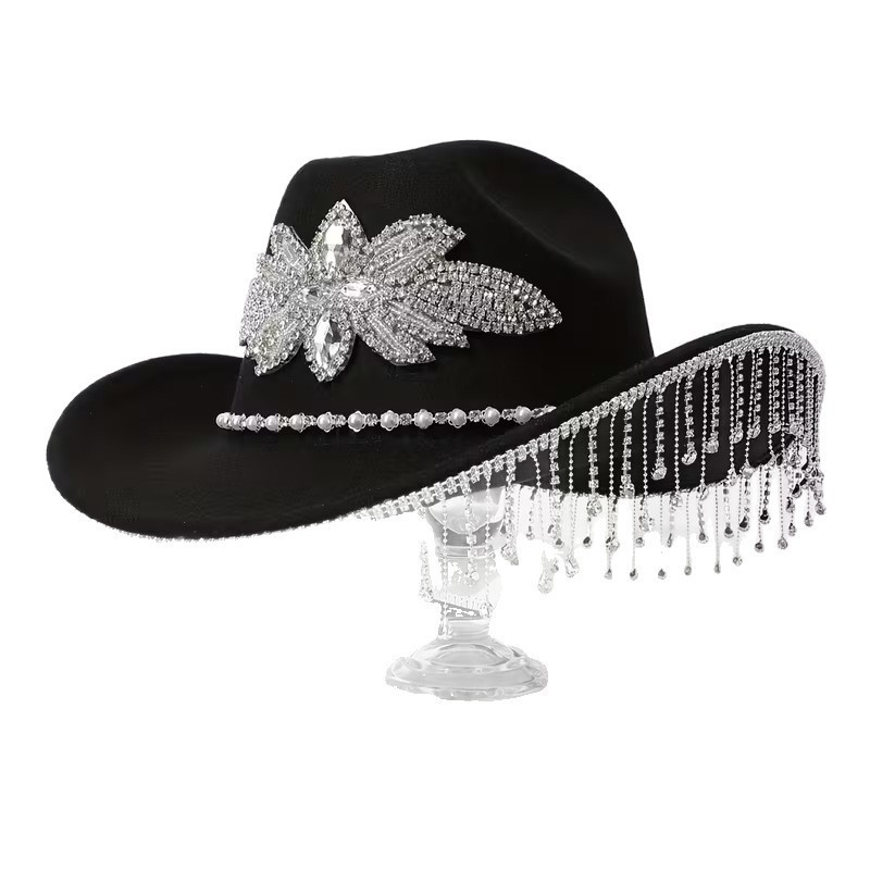 Rhinestone Tassel Wool Western Cowboy Hat Large Head Circumference Hat Autumn Winter Women Elegant Jazz Fedora Wide Brim 250326