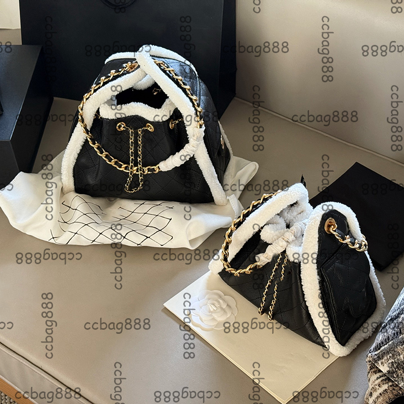25C Fluffy Black Calfskin Genuine Letaher Hobo Shoulder Bag Drawstring Bucket Underarm Bags Shoulder Handbag Mini Small Jumbo Bag 22x15cm 26x21cm Women Luxe Purse