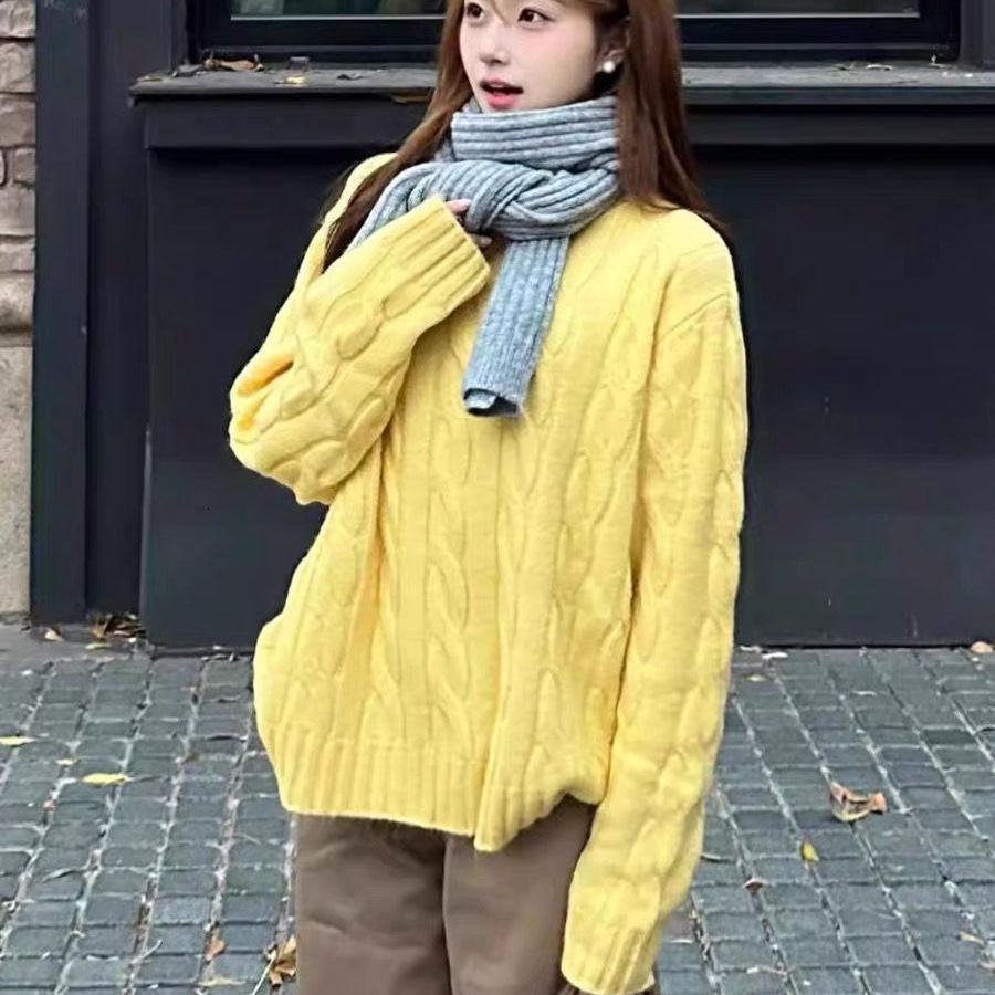 Plus Size 1500kg Fat mm Cable Knit Round Neck Sweater Women Autumn Winter New Korean Style Loose Versatile Pullover Knitted Top