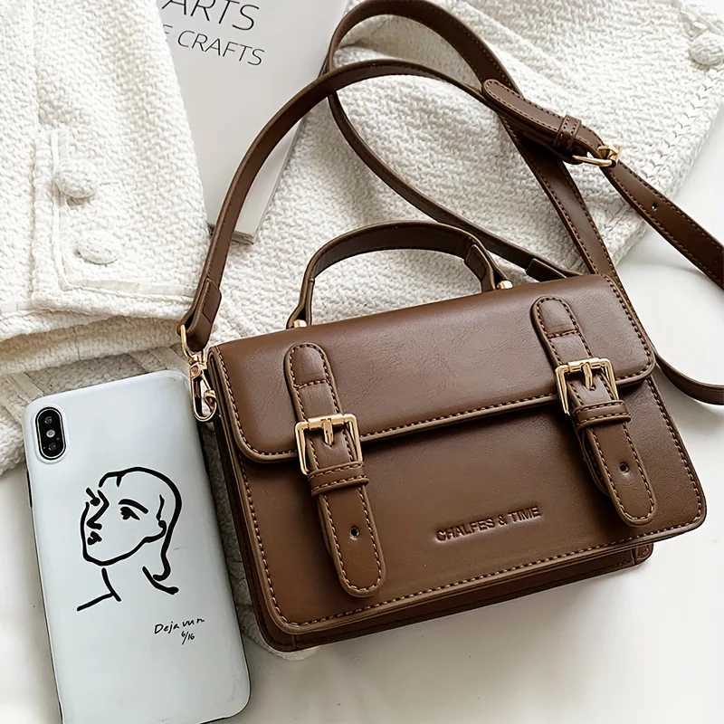 Stylish solidcolor shoulder square bag buckletrimmed flip messenger bag brown wallet homecoming seasonT251007