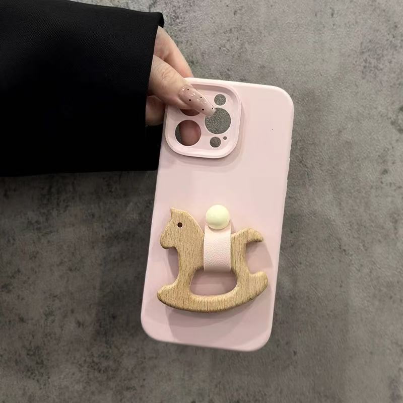 for iPhone 17 Pro Max Case with Wooden Horse Grip Kickstand Leather Touch Comfortable Handcrafted Cover for iPhone Phone Case