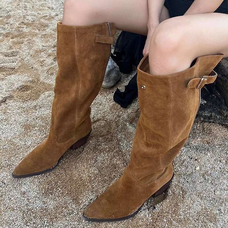 High Wide Calf Long for Women 2024 Autumn Winter New Pointed Toe Spicy Girl Western Cowboy Chunky Heel Riding Boots c6