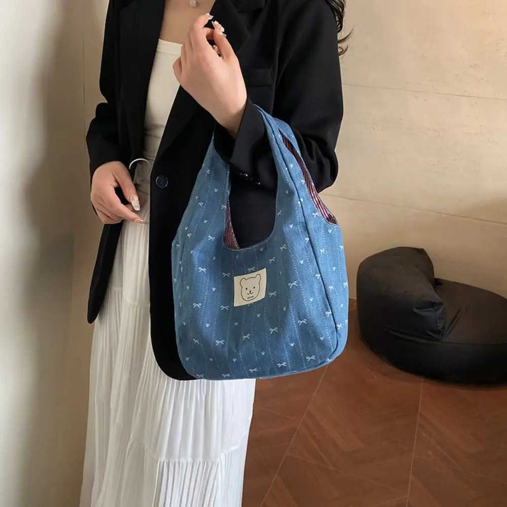 Fashion Korean Style Denim Bucket Bag Sweet Bowknot Denim Bow Handbag Commuting Leisure Cute Wrist Bag StreetwearT251007