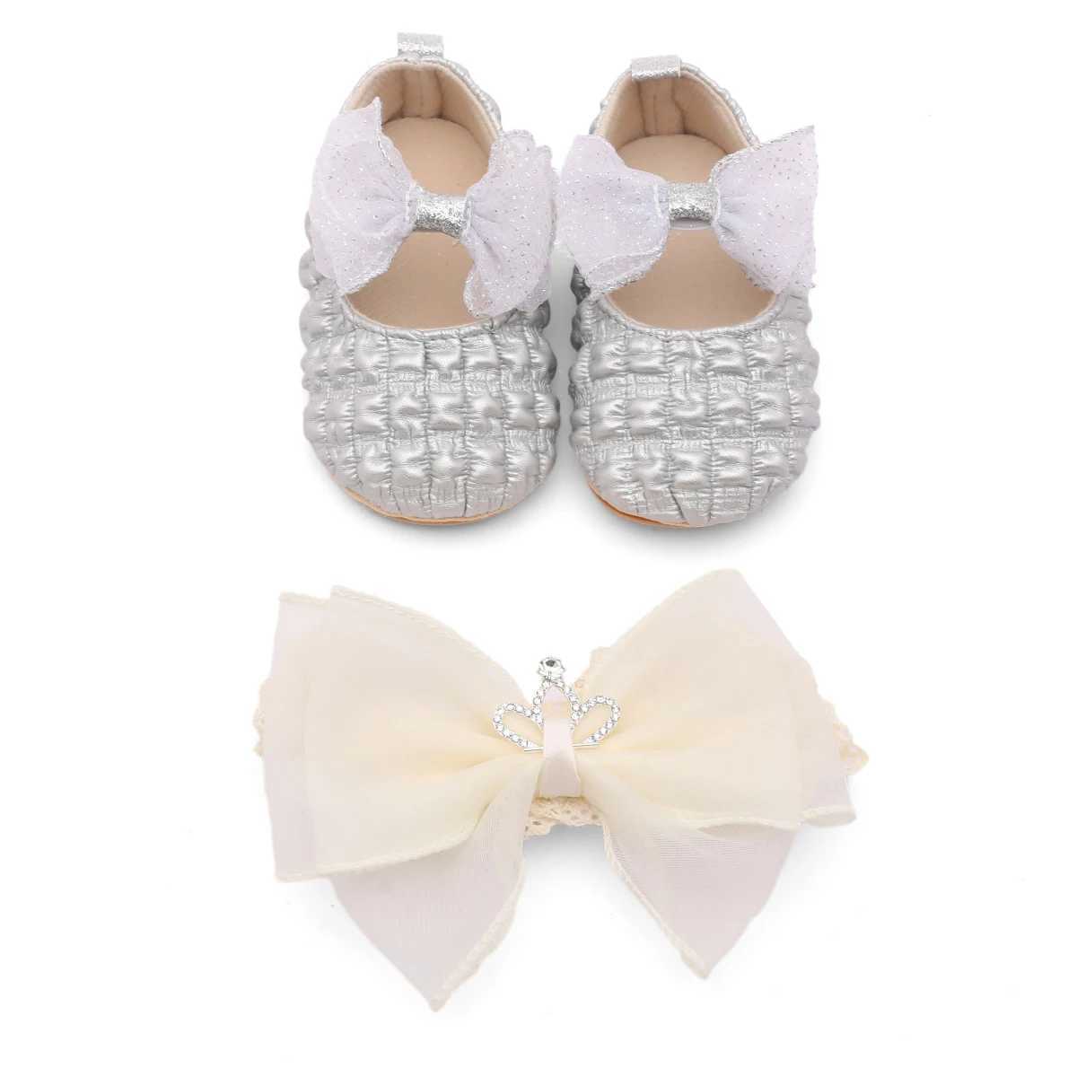 Baby Girl Bow Hair Accessory with Princess Shoes Nonslip Rubber Sole Learning Shoe C251008