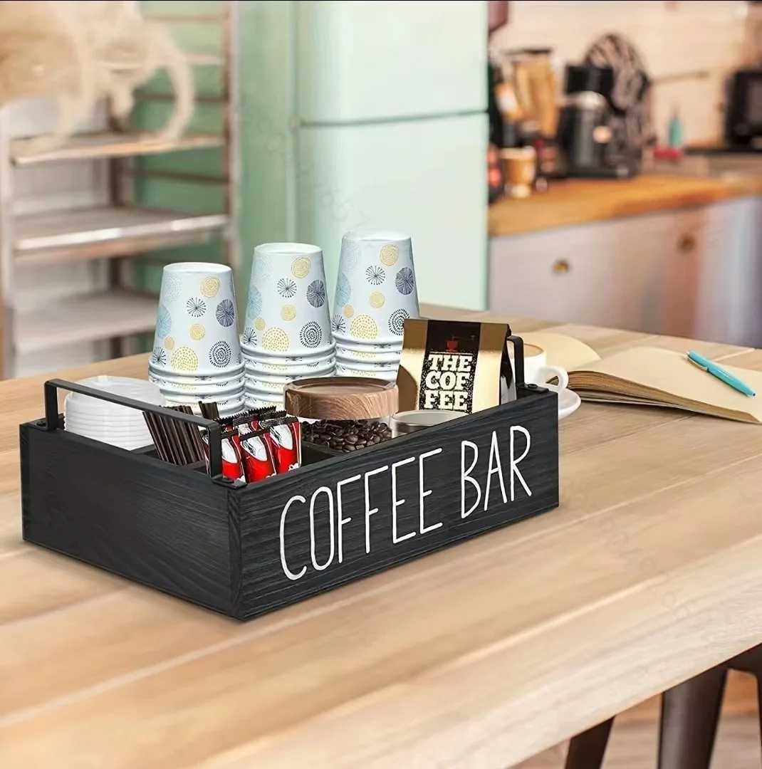 Wooden Storage Box Multi Compartment Organizer for Coffee Tea Bags Paper Cups Countertop Desktop Kitchen Storage Tidy Box C251008