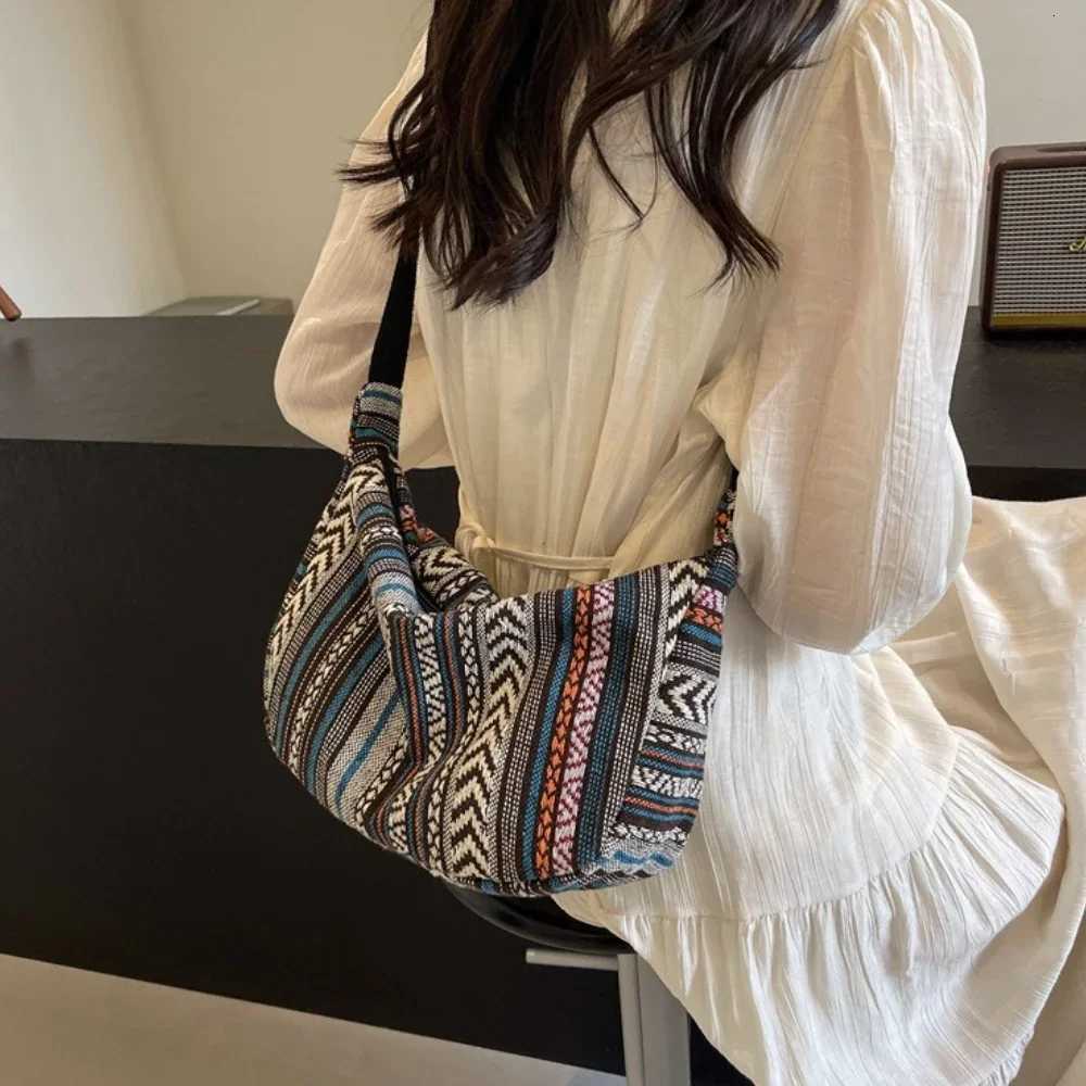 Tribal Style Shoulder Bag Foldable Crossbody with Zipper Closure Striped Pattern Flag Theme Hand Washable Edge Painted LiningT251007