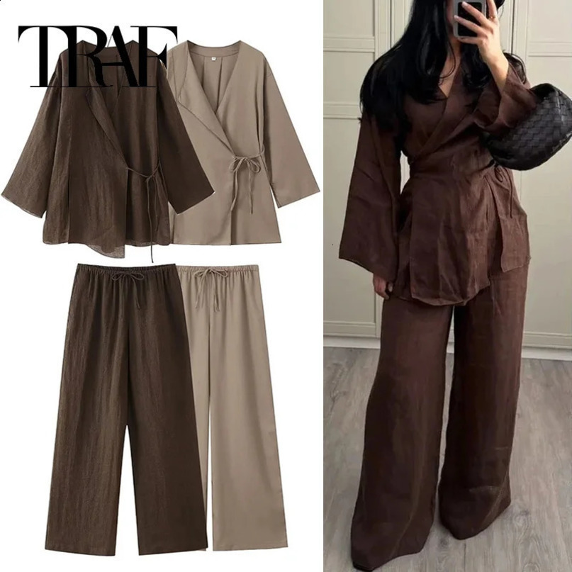 TRAF Womens Kimono Set Tie Retro Top 2piece Summer Clothing Fashion Bag Wide Leg Trouser 240810wtt