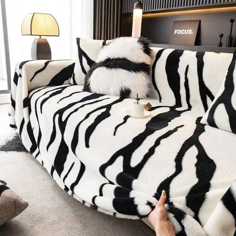 Light Luxury Rabbit Plush Sofa Cover Cloth Thick Anti Slip L Sofa Towel Leopard Print Backrest Autumn Winter Couch Mat Blanket Y251008