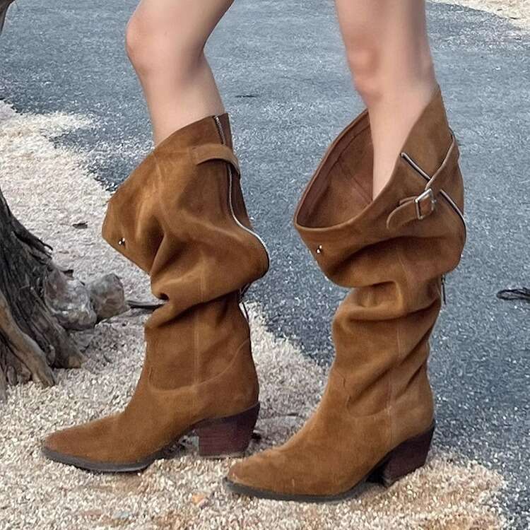 High Wide Calf Long for Women 2024 Autumn Winter New Pointed Toe Spicy Girl Western Cowboy Chunky Heel Riding Boots c6
