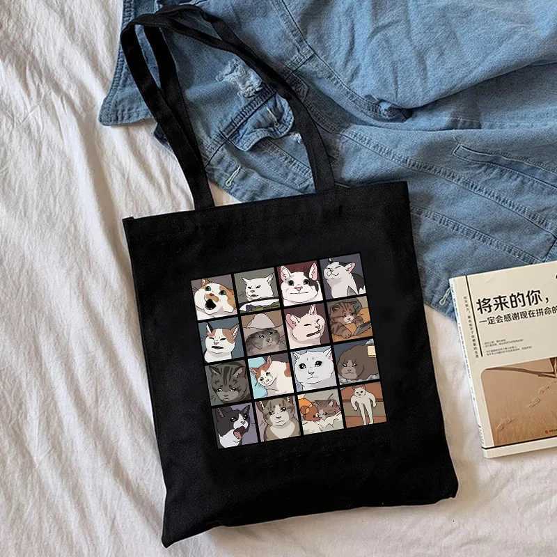 Cat Meme Shopping Bag Graphic Tote Harajuku Shopper Bag Women Canvas Shoulder Bag Eco LargecapacityT251007