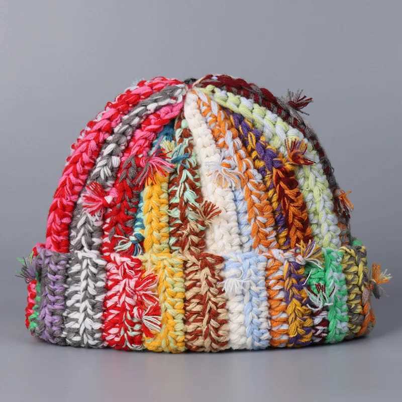 Handmade Heavy Industry Multistrand Twist Mixed Color Knitted Wool Hat Dopamine Color Womens Winter Warm Overhead Beanie CapXJ251008