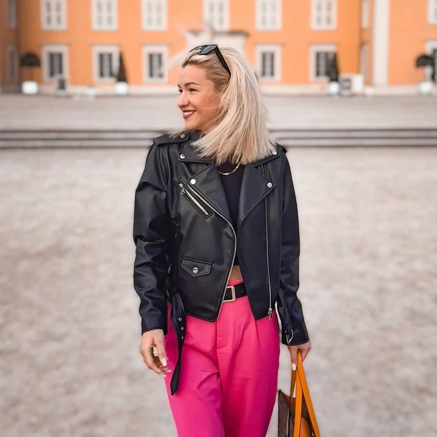 Classic Black Imitation Leather Motorcycle Jacket Short Leather Jacket for Women J251008