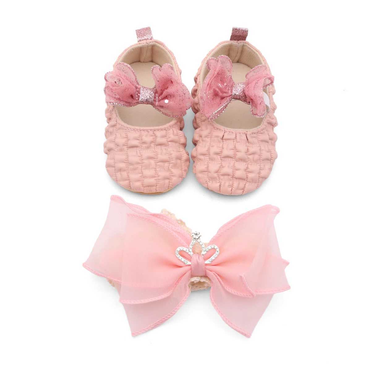 Baby Girl Bow Hair Accessory with Princess Shoes Nonslip Rubber Sole Learning Shoe C251008