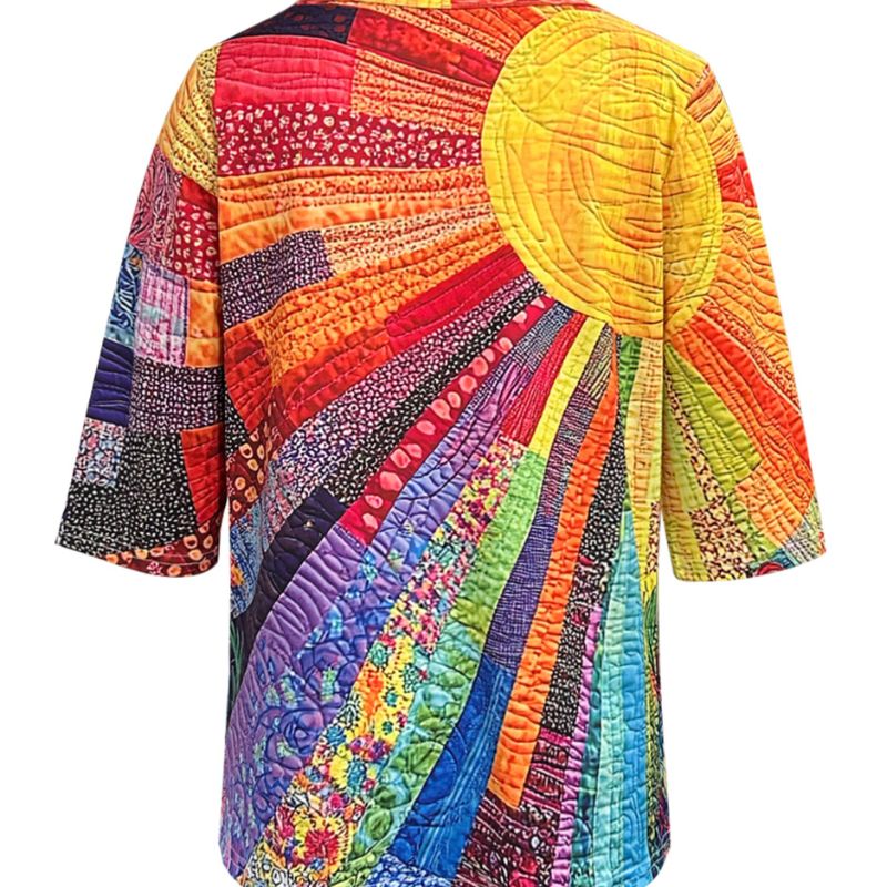 Women's Milk Silk V-Neck Patchwork Blouse Bohemian Style Quilted Tunic Multi-Color Mixed-CF53738