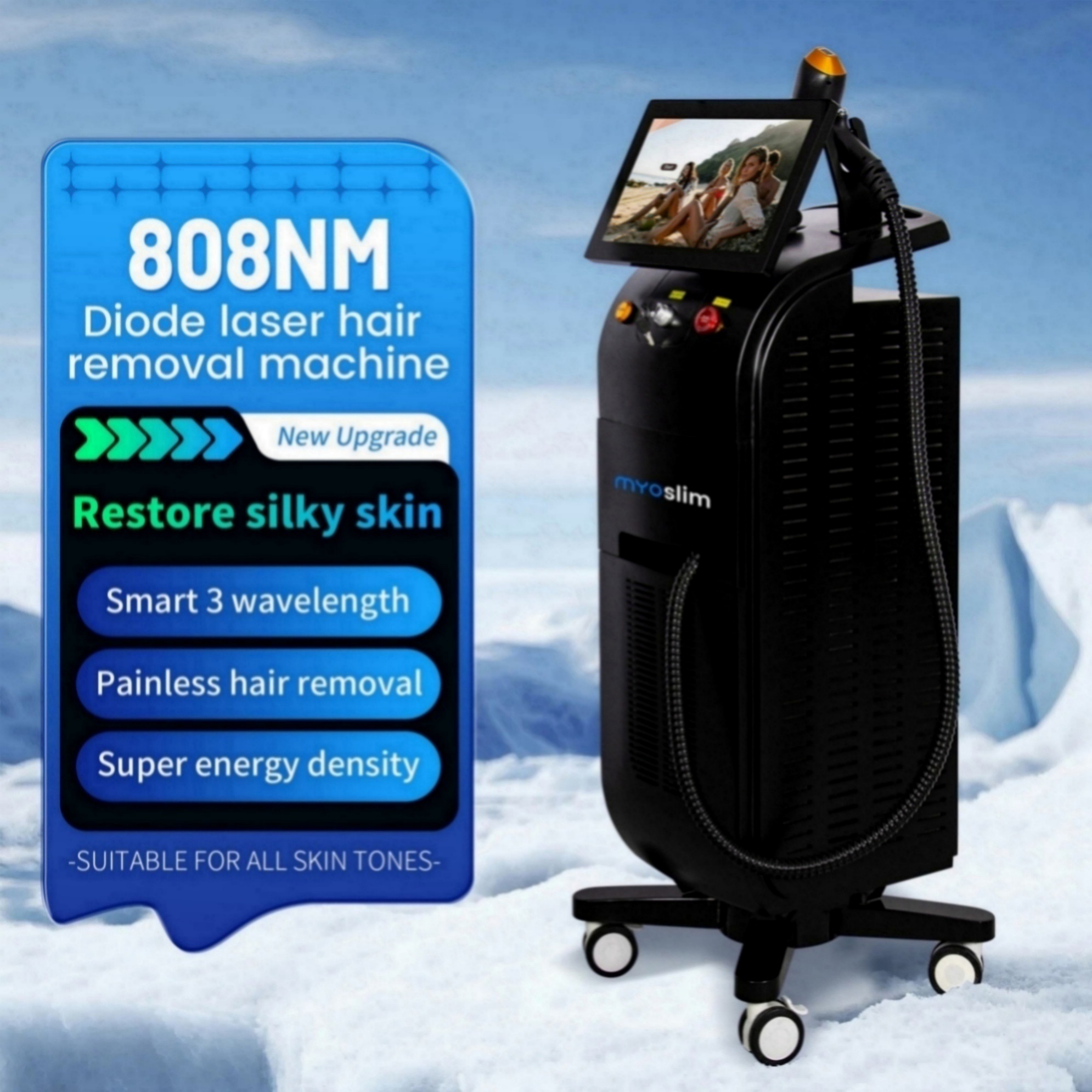 Diode Laser Hair Removal Machines Professional 808nm 3 Wavelengths Painless Permanent Hair Removal Non-invasive Permanent Cooling Head Painless Epilat