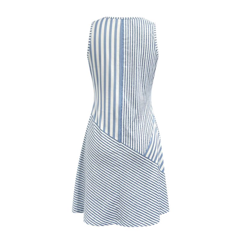 Women's Sleeveless Dress French Elegant Blue White Stripe Milk Silk A-Line V-Neck Summer Casual Tennis Dress Light Blue-CF51002