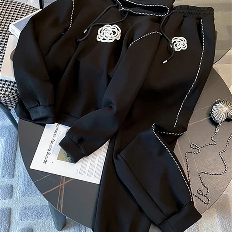 Women's Two Piece Pants Fashion 2 Piece Sets Women Outfit Thick Autumn Winter Hoodies Pants Suit Dimensional Flower Long Sleeve Sweatsuit Warm 23