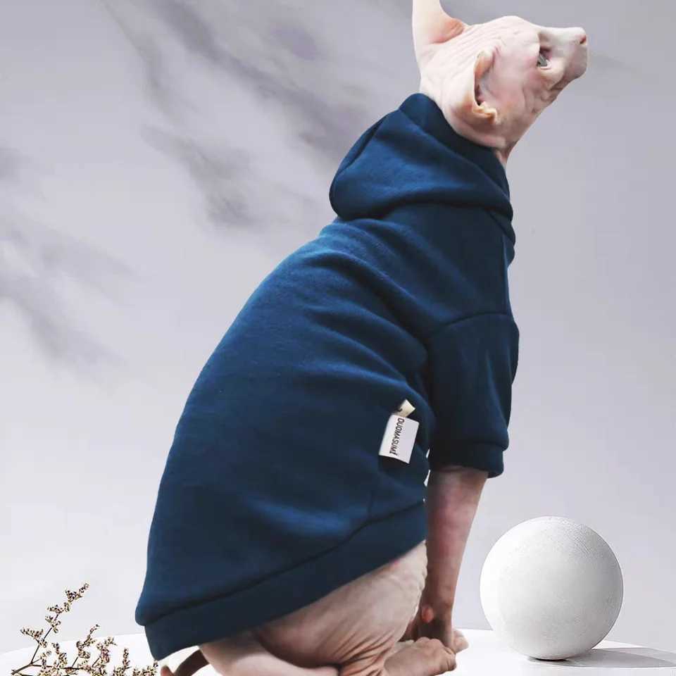 Dark Blue Thick Sweatshirt for Male Cat Winter Warm Hooded Jacket for Sphinx Kittens Spring Autumn Fashion Coat for Small Dogs C251009