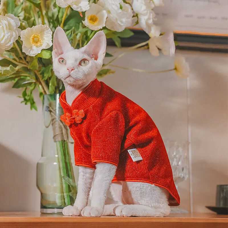 Warm Sphinx Cat Vest Clothes Hairless Cat Pet Red Qipao New Year Dress Sphynx Cat Comfortable Clothes Pets Supplies C251009