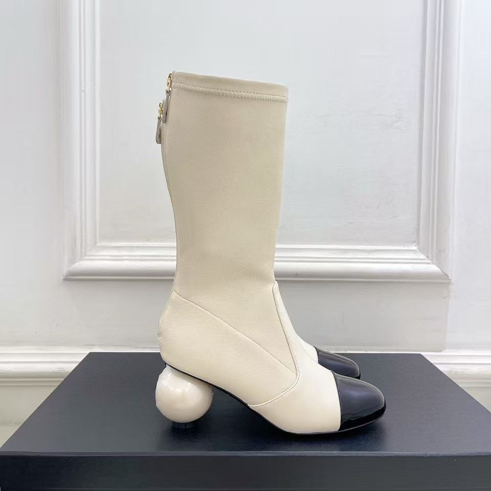 Designer Boots Woman Mid Calf Boots Pearl Heel Lambskin Calfskin Ankle Boot Winter Boots New Fashion Thigh-High Boots Luxury Long Shoes Boots