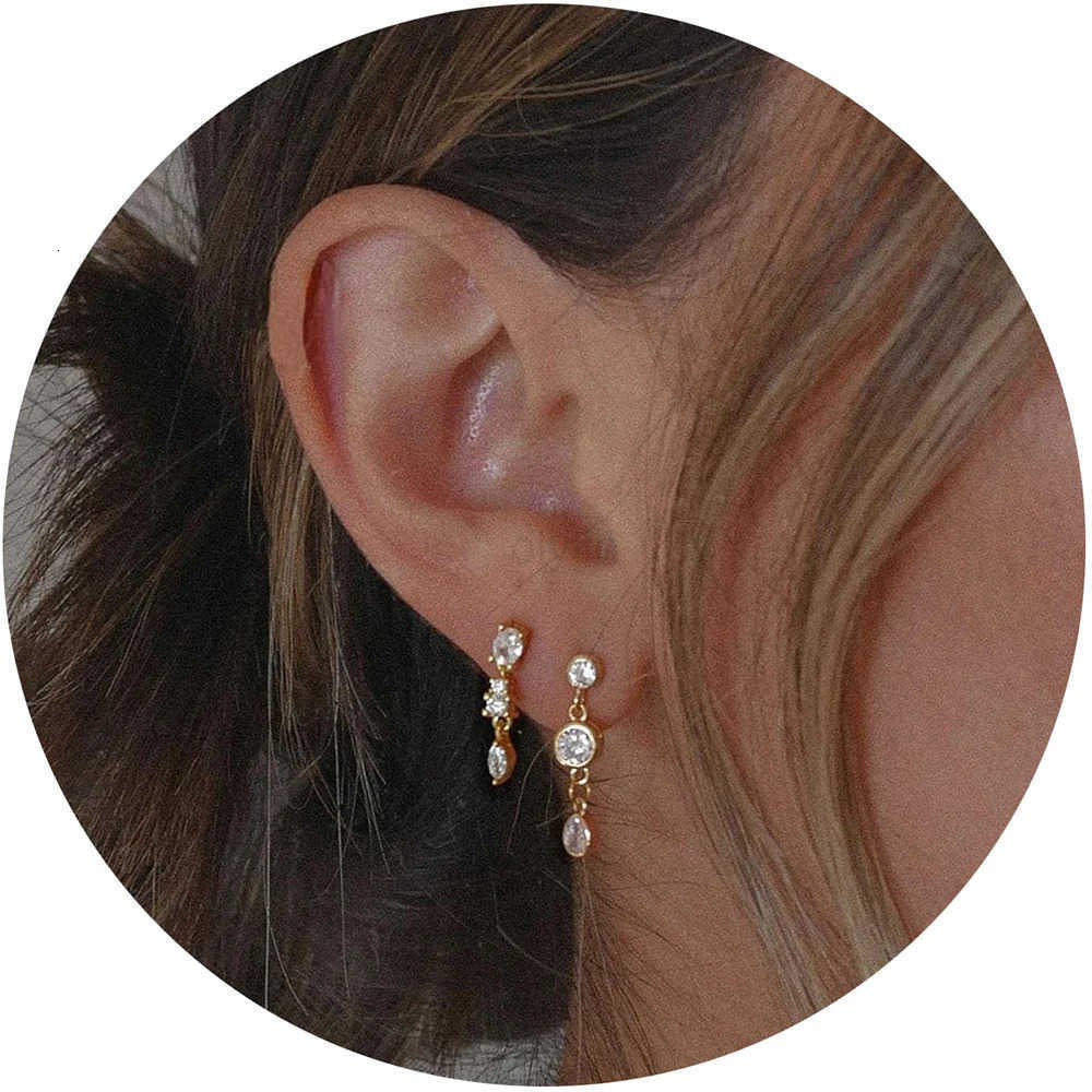 2pair New Trendy Mini Round Cubic Zircon Chain Earrings for Women 18K Gold Plated Tiny Studs Dainty Jewelry Gift for Her M251009