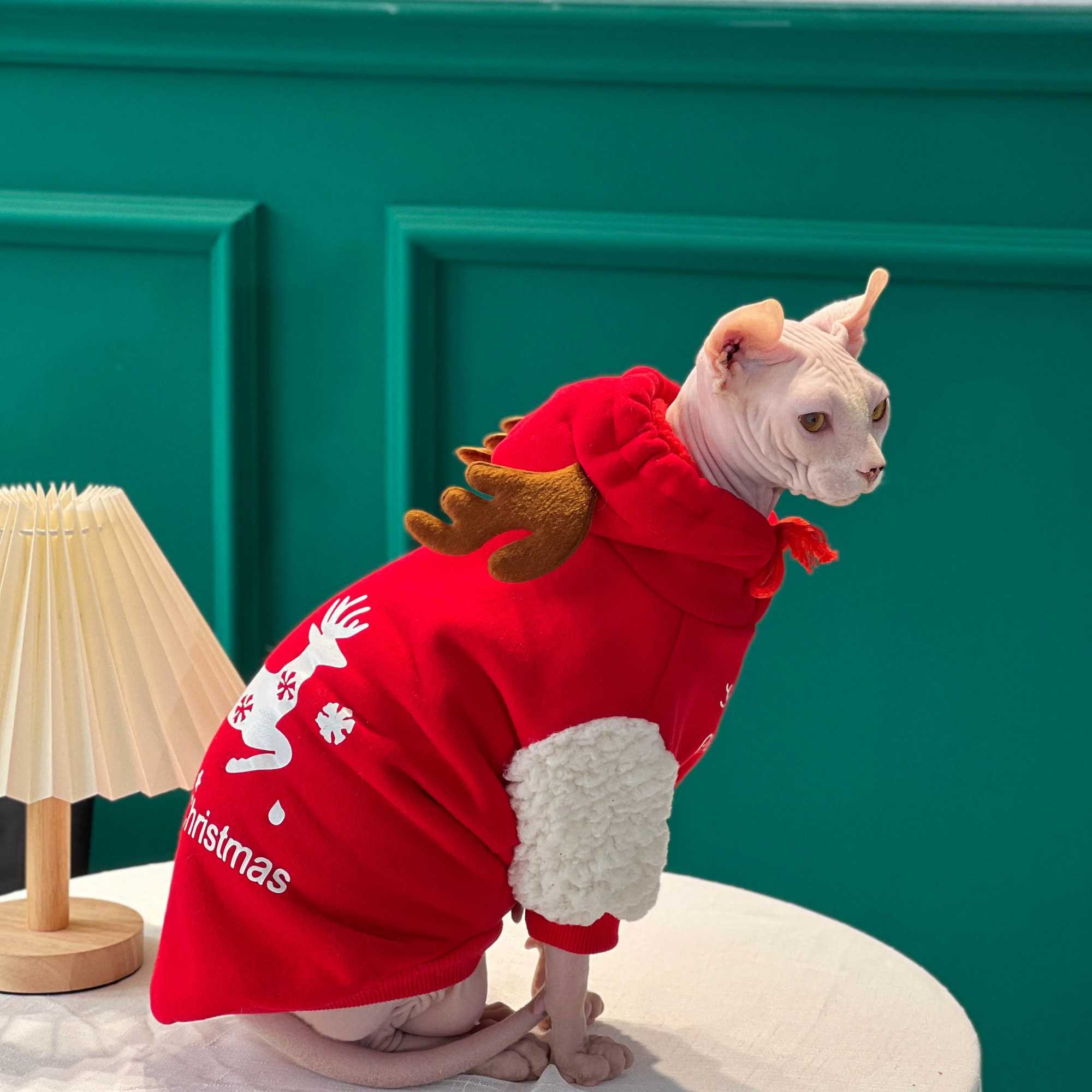 New Christmas Snow Clothes with Antler Hat for Sphynx Cat Warm Sweater for Hairless Cat Winter Coat Fleece Jacket for Devon Rex C251009
