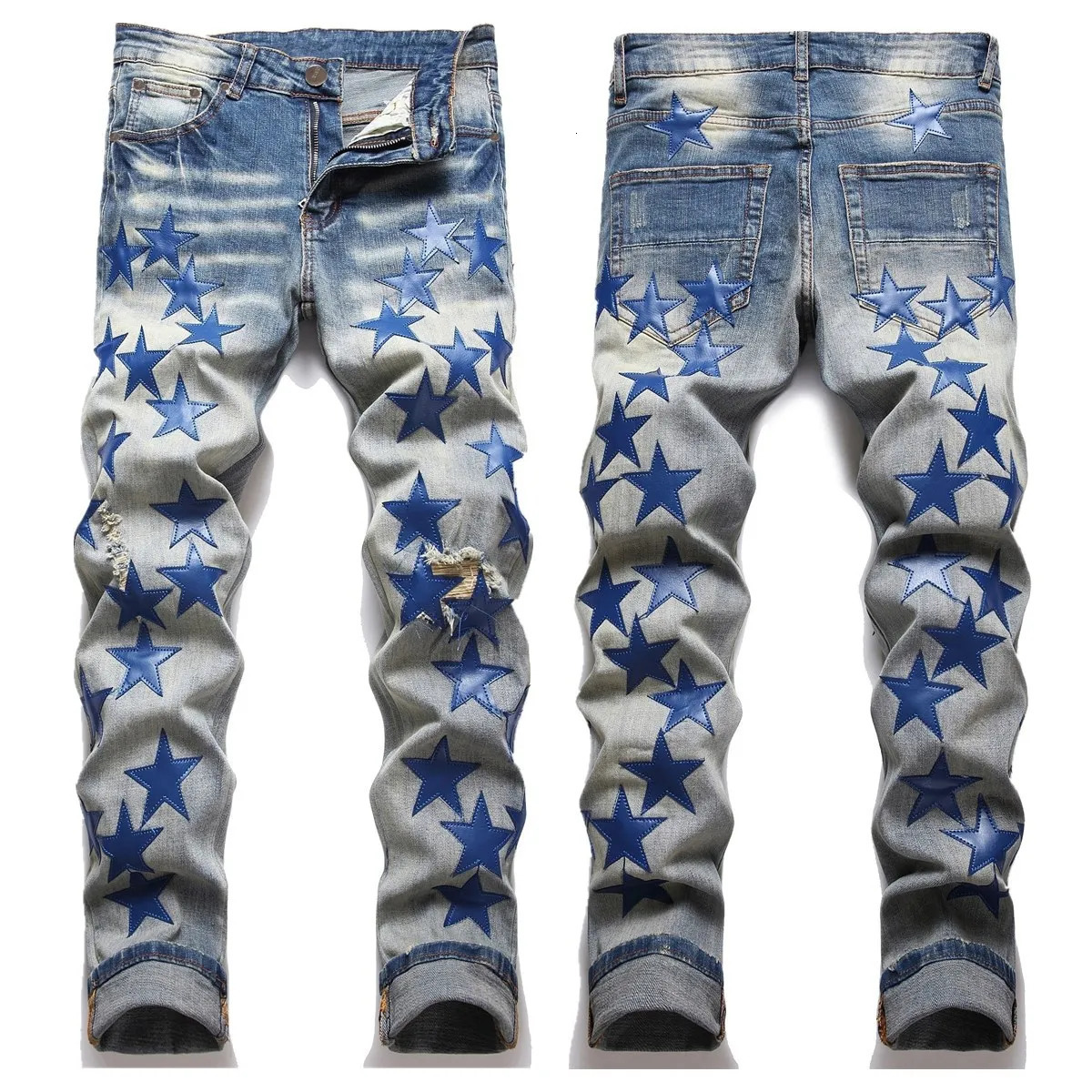 Men Straight Jean Denim Pants Jeans Loose Ankle Length Pant Pockets Casual Washed High Street Distressed Zipper Fly Spliced 251008