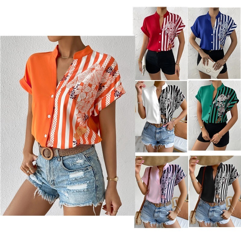 2025 Womens Summer Double Color Block Floral Button Cardigan Short Sleeve Shirt 250314