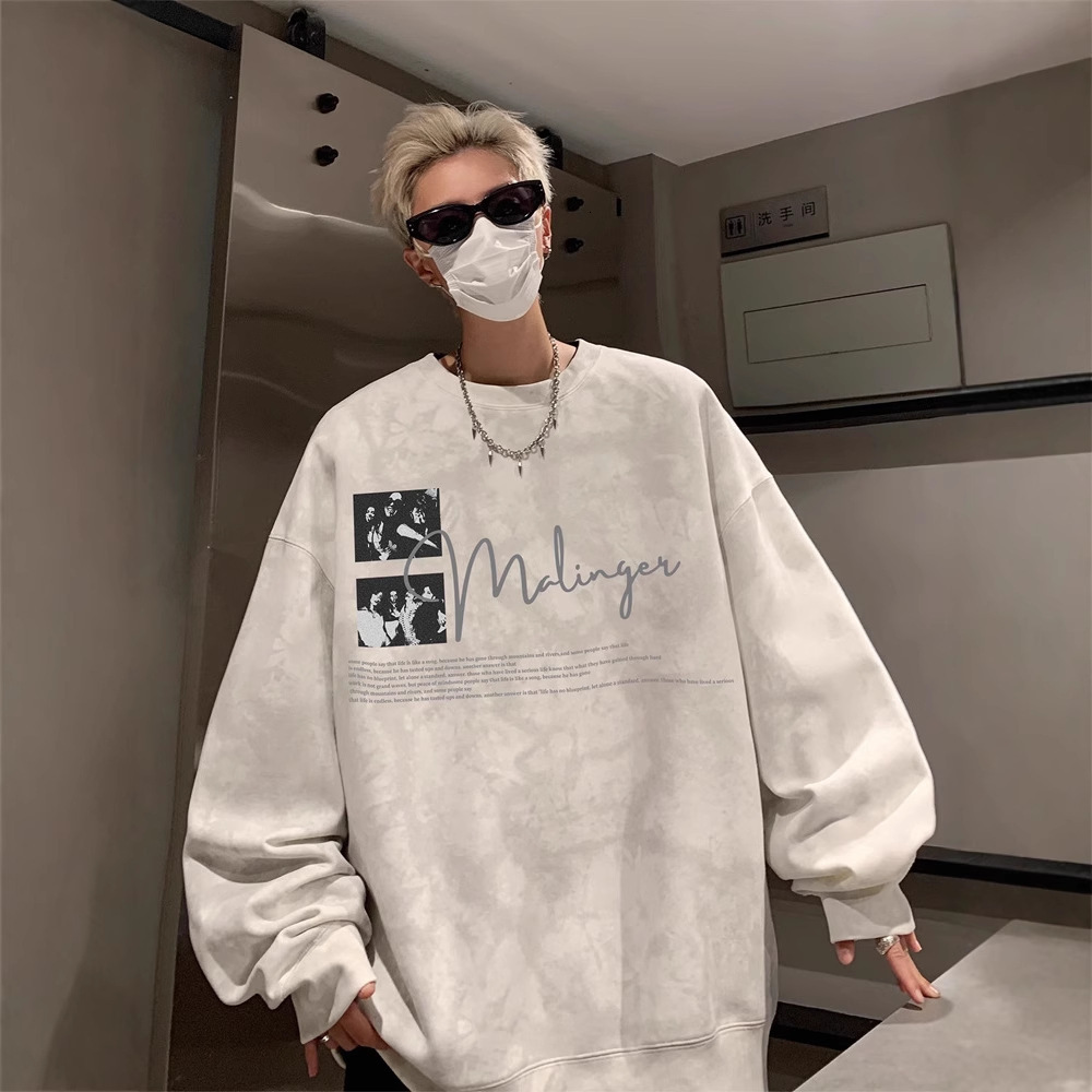 American Tie-dye Heavyweight Crew Neck Sweatshirt Men Autumn Designer Shirt Designer Hoodie And Winter New Trendy Loose Long Sleeve T-shirt With Fleece Casual Top