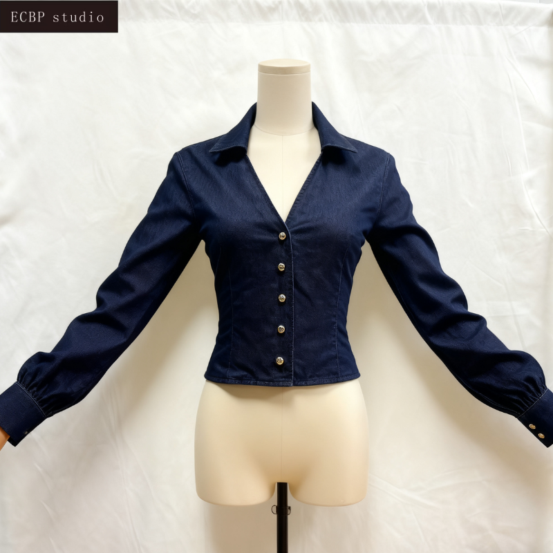 Women's Dark Blue Long - Sleeve Denim Shirt - Tight - Fitting & Leg - Lengthening Lapel Denim Top-048A