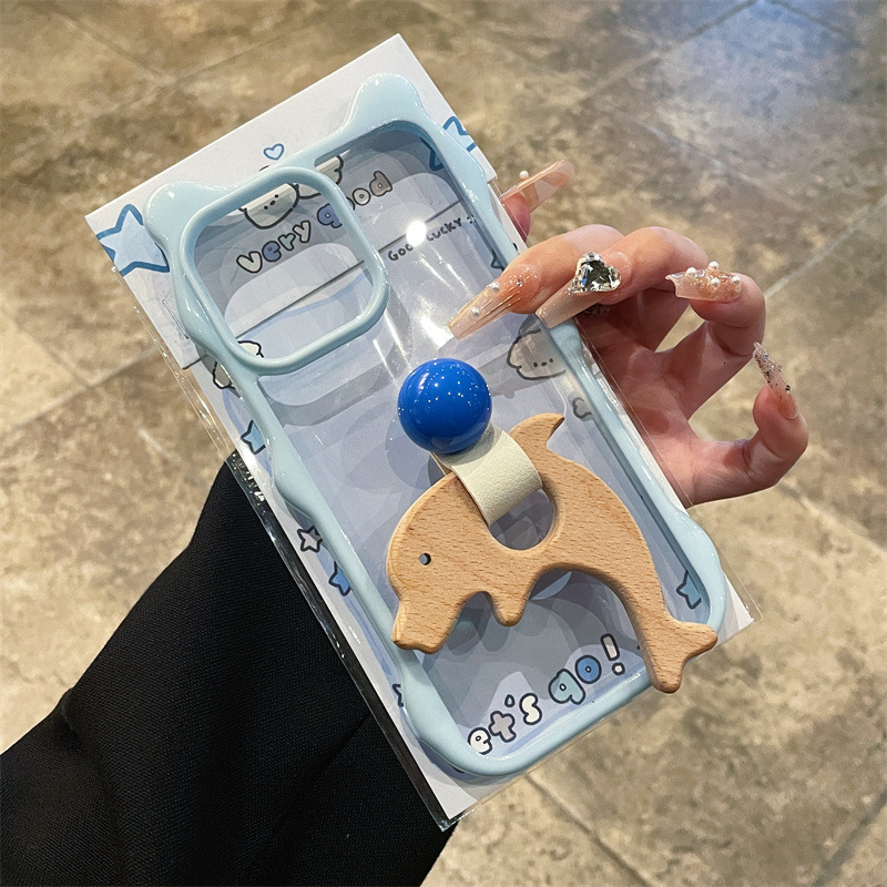 Fashion Cute Cartoon 3D Cat Ears Wooden Horse Ring Holder Clear Transparent Wavy Frame Soft TPU Case Compatible with iPhone 16 Pro Max