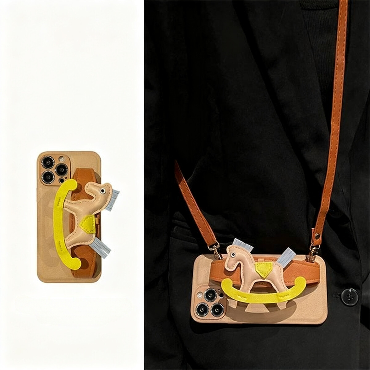 High-end Leather Little Wooden Horse Wrist Strap Case for iPhone17 Pro Max with leather rope,for iPhone 16 Pro Max Case Design Soft Bumper Protective 